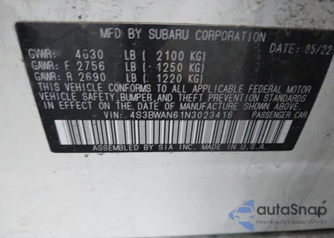 2022 Subaru Legacy Limited из США, поврежденный, VIN 4S3BWAN61N3023416